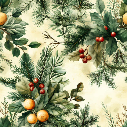 forest green, cream background, red berries, orange fruits, pine branches, holly leaves, evergreen needles, botanical pattern, winter foliage, watercolor style, nature motif, quilting cotton, fabric panel, seasonal greenery, mixed botanicals, soft muted tones, organic arrangement, winter plants, natural elements, repeating pattern