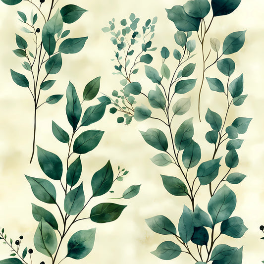 sage green, forest green, eucalyptus leaves, botanical pattern, watercolor style, winter foliage, delicate branches, nature motif, cream background, organic design, quilting cotton, fabric panel, soft palette, leafy sprigs, natural elements, serene mood, botanical illustration, muted tones, winter greenery