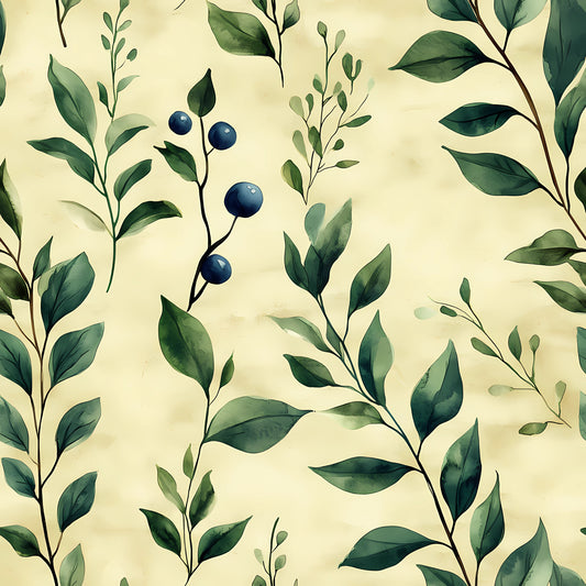 winter greenery, botanical pattern, green leaves, navy berries, cream background, watercolor style, branch motifs, nature design, quilting cotton, fabric panel, seasonal foliage, delicate branches, organic shapes, soft palette, botanical illustration, winter theme, leafy pattern, berry accents, natural elements, seamless repeat