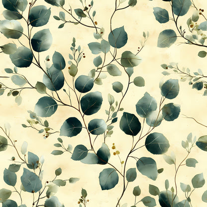 sage green, eucalyptus leaves, botanical pattern, cream background, watercolor style, winter foliage, delicate branches, nature motif, quilting cotton, fabric panel, muted tones, organic design, leafy branches, soft greens, natural elements, seamless repeat, contemporary botanical, winter botanicals, earthy palette