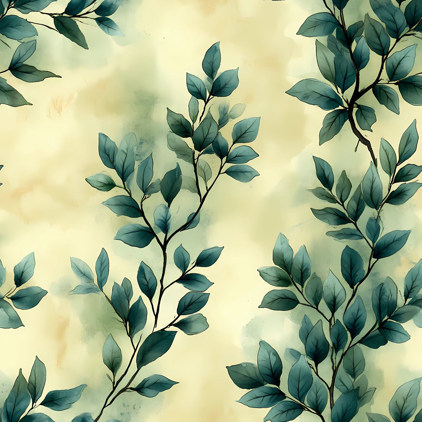 sage green, eucalyptus leaves, botanical pattern, winter foliage, watercolor style, soft pastels, cream background, leafy branches, nature motif, quilting cotton, fabric panel, organic design, muted tones, delicate artwork, peaceful mood, plant illustration, subtle texture, flowing branches, natural elements