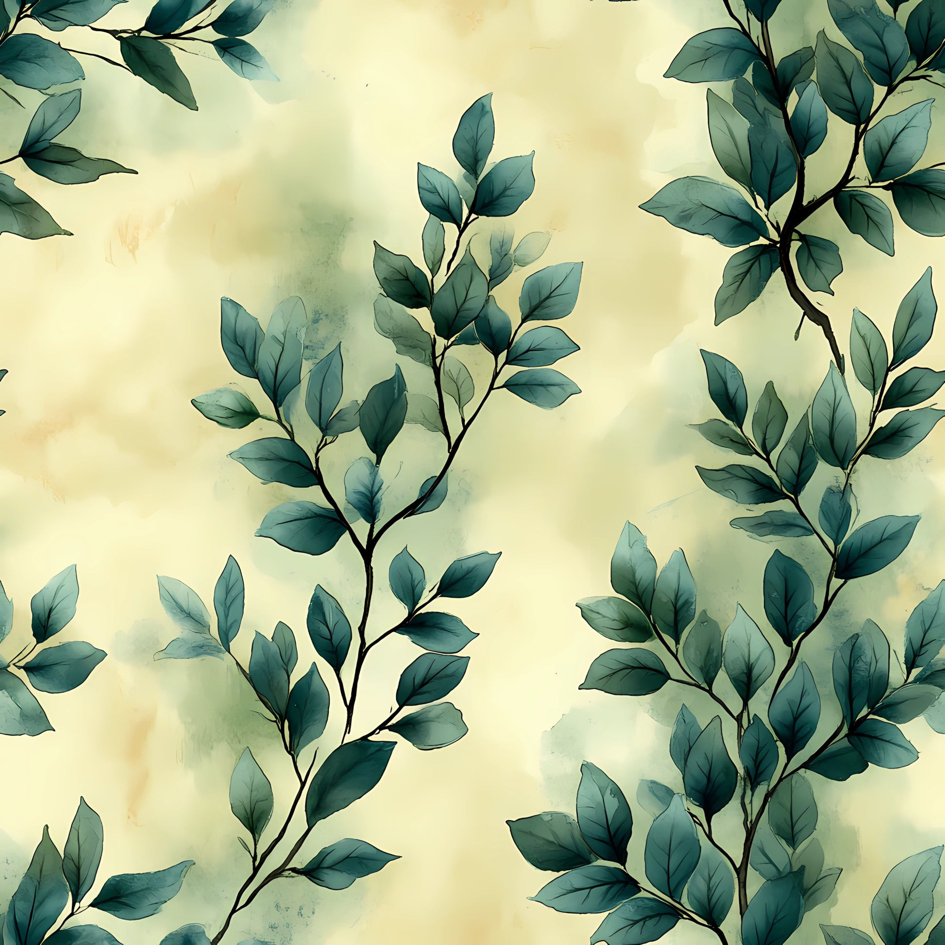 sage green, eucalyptus leaves, botanical pattern, winter foliage, watercolor style, soft pastels, cream background, leafy branches, nature motif, quilting cotton, fabric panel, organic design, muted tones, delicate artwork, peaceful mood, plant illustration, subtle texture, flowing branches, natural elements