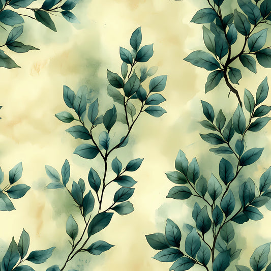 sage green, eucalyptus leaves, botanical pattern, winter foliage, watercolor style, soft pastels, cream background, leafy branches, nature motif, quilting cotton, fabric panel, organic design, muted tones, delicate artwork, peaceful mood, plant illustration, subtle texture, flowing branches, natural elements