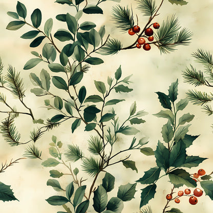 winter greenery, botanical pattern, pine needles, holly leaves, red berries, sage green, forest green, cream background, vintage style, nature motif, evergreen branches, seasonal foliage, quilting cotton, fabric panel, watercolor effect, muted tones, winter botanicals, leafy branches, berry clusters, soft textures