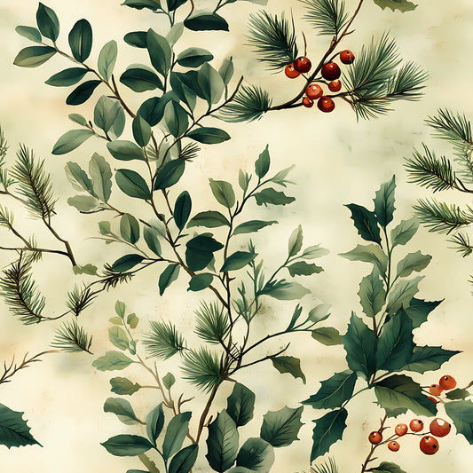 winter greenery, botanical pattern, pine needles, holly leaves, red berries, sage green, forest green, cream background, vintage style, nature motif, evergreen branches, seasonal foliage, quilting cotton, fabric panel, watercolor effect, muted tones, winter botanicals, leafy branches, berry clusters, soft textures