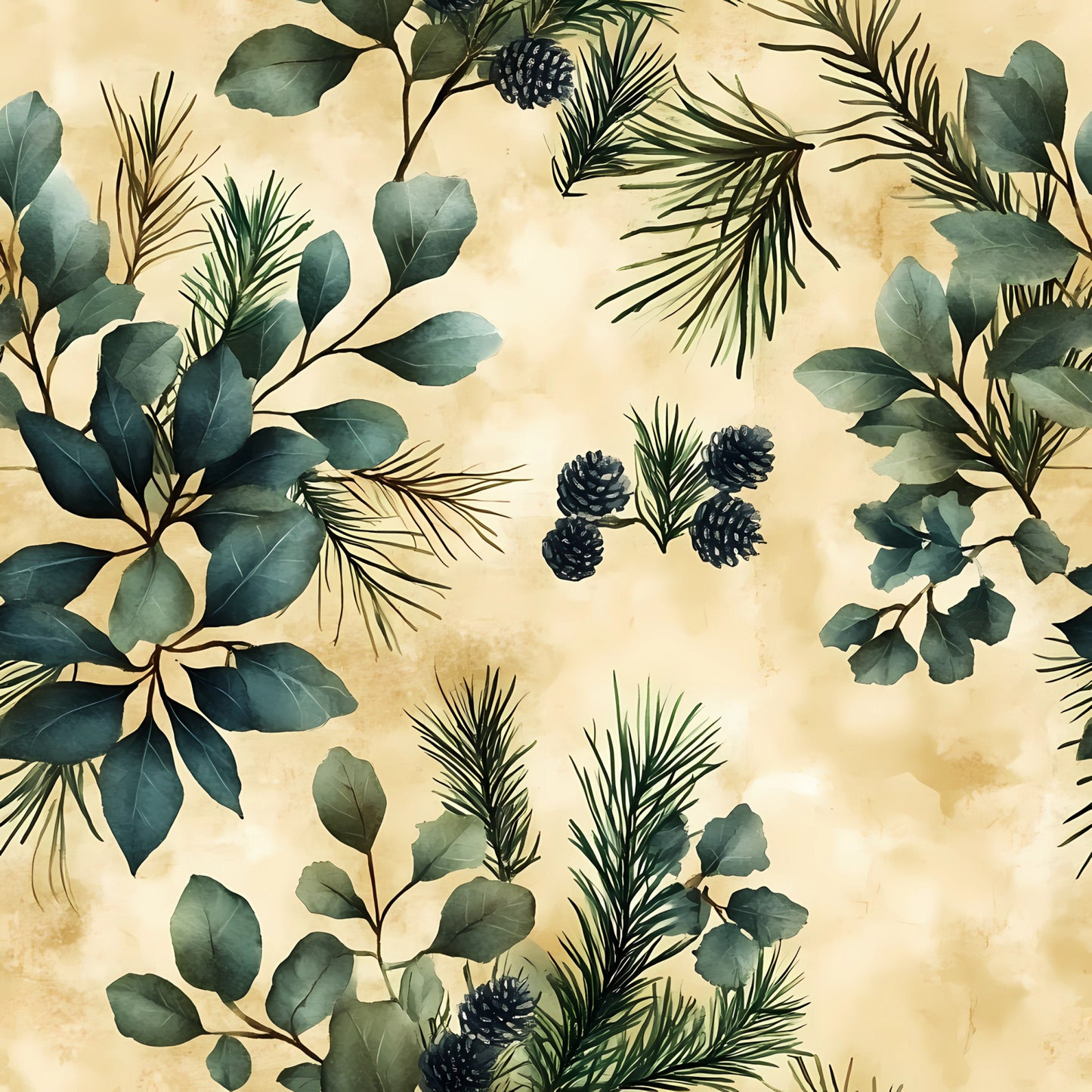 winter greenery, eucalyptus leaves, pine branches, pinecones, sage green, forest green, cream background, beige tones, botanical pattern, evergreen foliage, natural elements, watercolor style, organic design, quilting cotton, fabric panel, winter botanicals, muted palette, leafy branches, conifer needles, seasonal flora