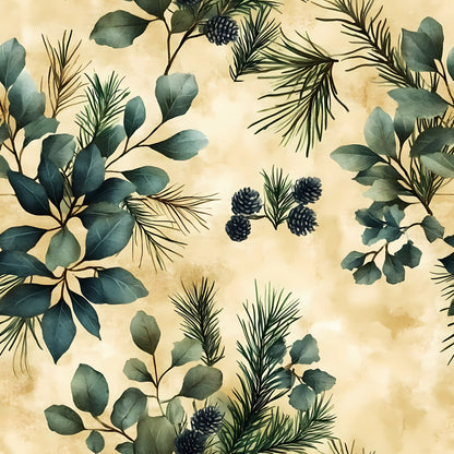 winter greenery, eucalyptus leaves, pine branches, pinecones, sage green, forest green, cream background, beige tones, botanical pattern, evergreen foliage, natural elements, watercolor style, organic design, quilting cotton, fabric panel, winter botanicals, muted palette, leafy branches, conifer needles, seasonal flora