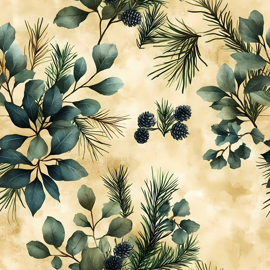 winter greenery, eucalyptus leaves, pine branches, pinecones, sage green, forest green, cream background, beige tones, botanical pattern, evergreen foliage, natural elements, watercolor style, organic design, quilting cotton, fabric panel, winter botanicals, muted palette, leafy branches, conifer needles, seasonal flora