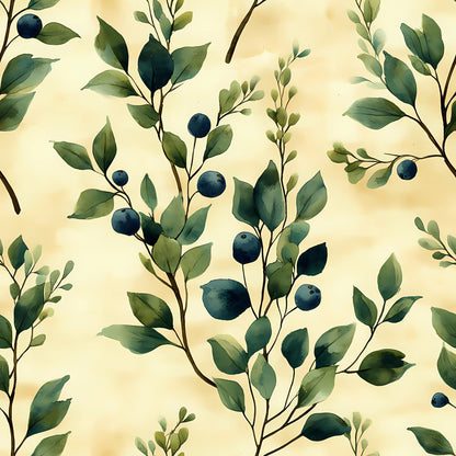 winter greenery, botanical pattern, blue berries, green leaves, cream background, watercolor style, nature motif, quilting cotton, fabric panel, seamless repeat, branches, foliage, organic design, soft palette, winter botanicals, delicate artwork, natural elements, berry branches, eucalyptus style, muted tones