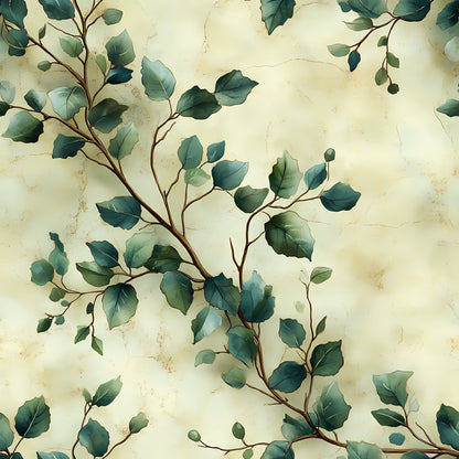 sage green, eucalyptus leaves, botanical pattern, winter foliage, cream background, branching stems, watercolor style, nature motif, quilting cotton, fabric panel, leafy design, muted tones, organic arrangement, delicate branches, vintage wash, seamless repeat, natural elements, soft palette, plant illustration, winter botanical