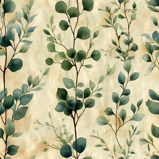 forest green, sage green, cream, beige, eucalyptus leaves, botanical pattern, winter foliage, watercolor style, organic branches, nature motif, quilting cotton, fabric panel, soft palette, delicate artwork, scattered leaves, flowing stems, muted tones, seamless design, winter greenery, natural elements