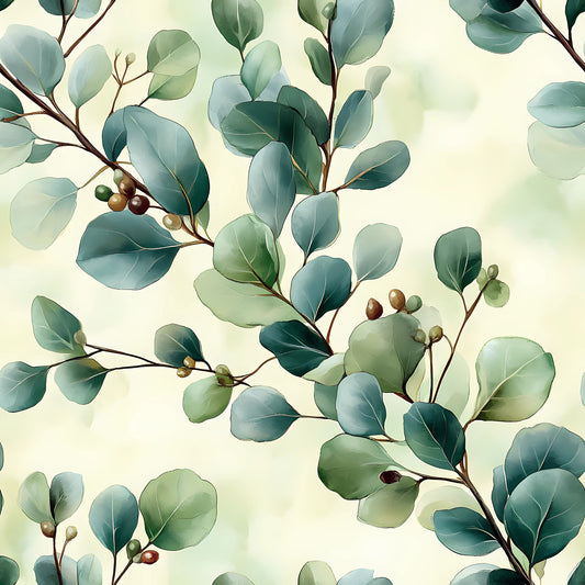 sage green, eucalyptus leaves, botanical pattern, winter foliage, muted greens, blue-green tones, berry accents, watercolor style, organic branches, quilting cotton, fabric panel, nature motif, soft palette, delicate illustration, seasonal greenery, cream background, flowing branches, artistic botanical, winter theme