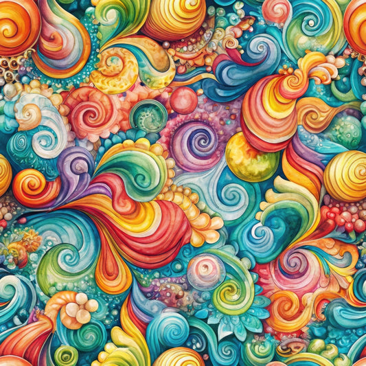 A colorful abstract pattern featuring swirling shapes and curves in red, yellow, blue, green, and orange tones, creating a vibrant, intricate, and energetic design with a sense of movement.