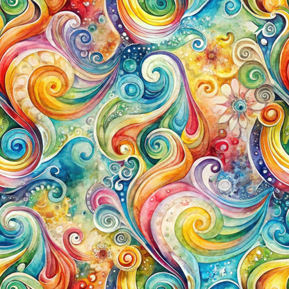 swirling patterns, vibrant colors, rainbow hues, turquoise blue, orange spirals, yellow swirls, pink curves, green vortex, purple accents, red flowing lines, watercolor effect, abstract design, whimsical style, flowing movement, circular motifs, fantasy theme, quilting cotton, fabric panel, artistic swirls, kaleidoscope pattern, dreamy atmosphere