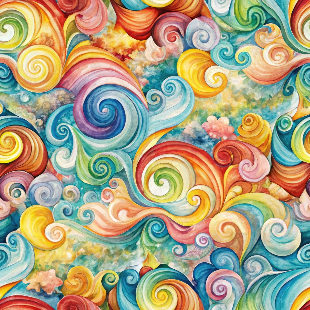 A colorful, seamless pattern of swirling shapes in shades of blue, yellow, red, green, and orange, resembling abstract waves or clouds with a watercolor texture.