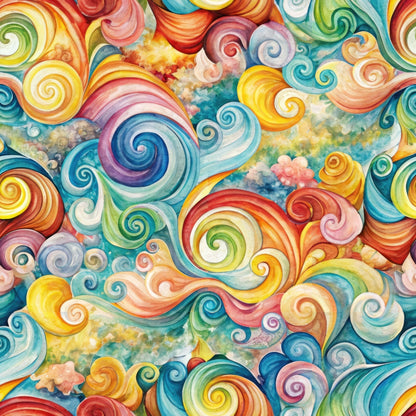 A colorful, seamless pattern of swirling shapes in shades of blue, yellow, red, green, and orange, resembling abstract waves or clouds with a watercolor texture.