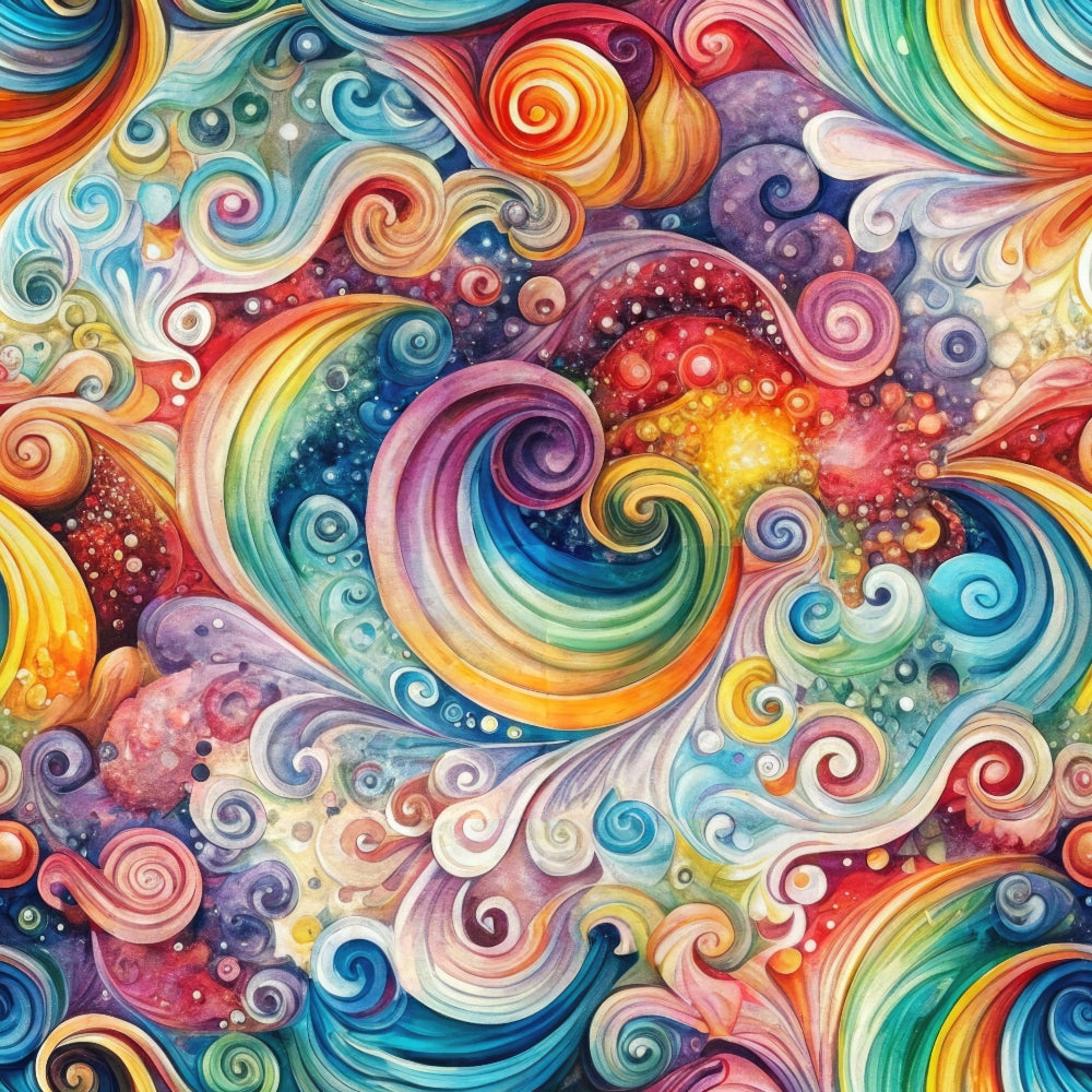 swirling patterns, rainbow colors, vibrant spirals, cosmic design, whimsical swirls, multicolored vortex, purple, turquoise, orange, yellow, red, pink, abstract art, flowing movement, celestial theme, quilting cotton, fabric panel, psychedelic style, colorful spirals, dreamlike pattern