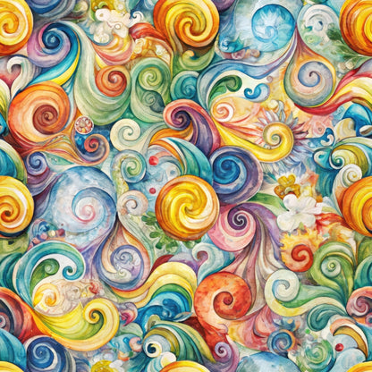 swirls, spirals, vortex, watercolor, rainbow colors, orange, blue, green, yellow, purple, pink, flowing patterns, whimsical, dreamy, abstract, quilting cotton, fabric panel, colorful swirls, artistic design, vibrant hues, circular motifs