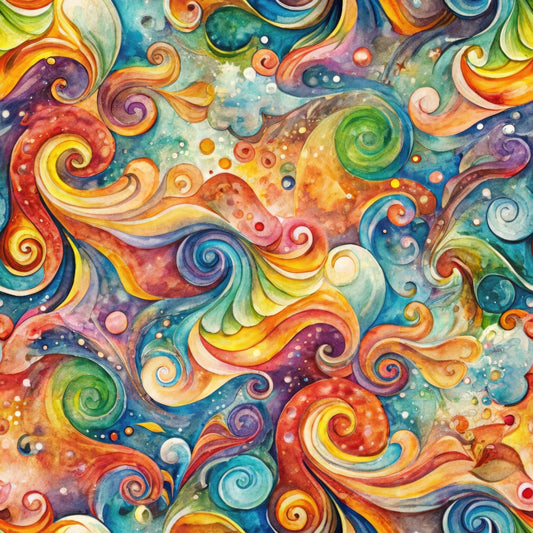 swirls, spirals, vortex, whimsical, watercolor, rainbow colors, turquoise, orange, purple, green, yellow, red, blue, flowing patterns, cosmic, dreamy, abstract, bubbles, circles, quilting cotton, fabric panel, psychedelic, vibrant, multicolored, celestial
