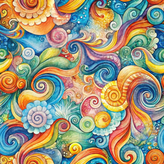 swirls, spirals, vortex pattern, watercolor style, blue, orange, yellow, green, purple, pink, psychedelic, abstract design, flowing curves, whimsical, rainbow colors, decorative scrolls, ornamental swirls, quilting cotton, fabric panel, vibrant hues, artistic motifs