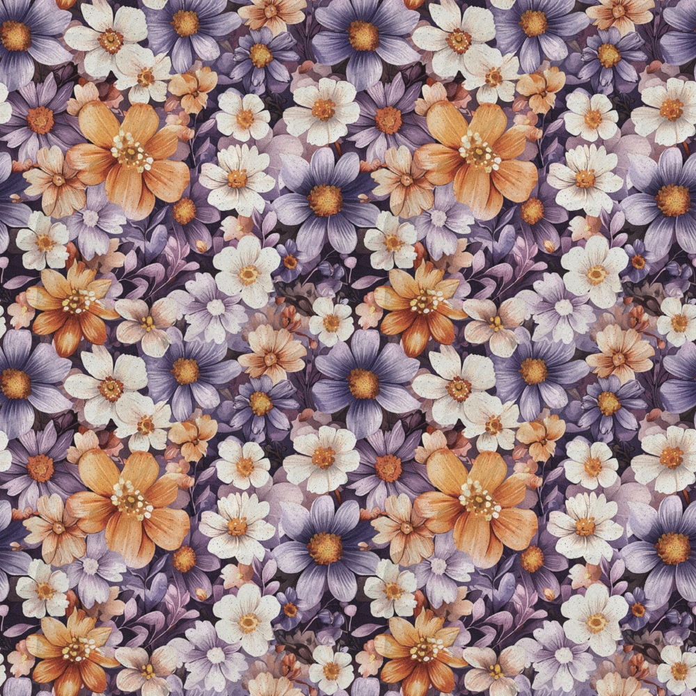 A seamless floral pattern featuring orange, white, and purple flowers with green leaves on a dark background.