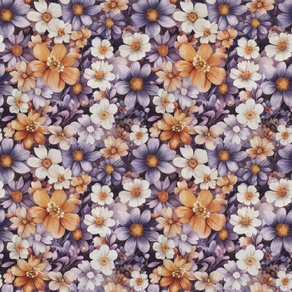 A seamless floral pattern featuring orange, white, and purple flowers with green leaves on a dark background.