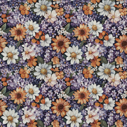 Pattern of various flowers, including daisies and violets, arranged closely with a repeating design. The colors include orange, white, and purple, set against dark green leaves.