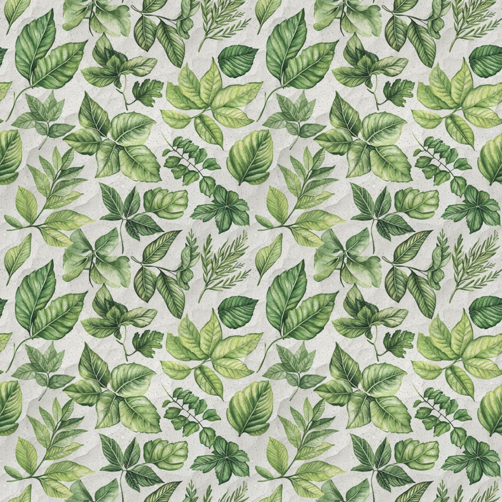 A seamless pattern of various green leaves on a light background, arranged in a symmetrical, repeating design.