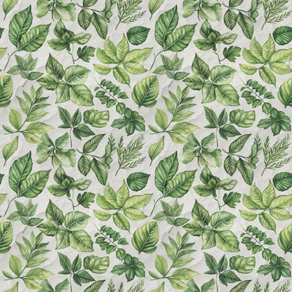 A seamless pattern of various green leaves on a light background, arranged in a symmetrical, repeating design.