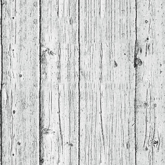 Weathered wooden planks with visible grain lines and knots, arranged vertically. The surface appears aged, with a light gray color and rough texture.