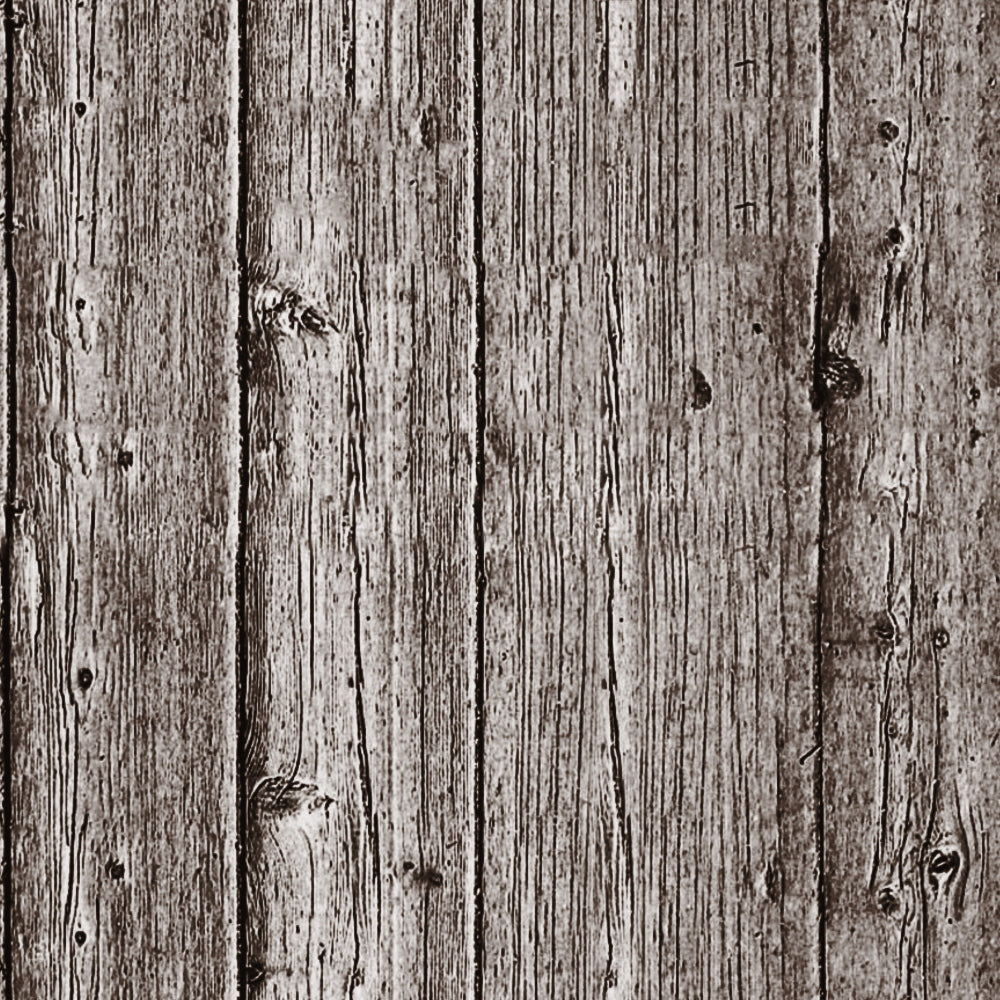 Close-up of a weathered wooden surface with vertical planks showing natural knots and grain textures in shades of brown and gray.