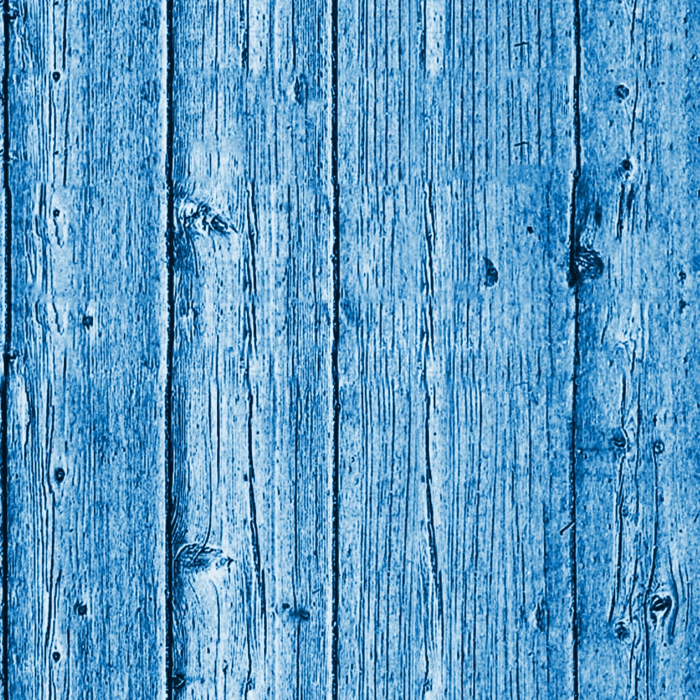 Blue-painted wooden planks with visible grain and texture form a vertical background.