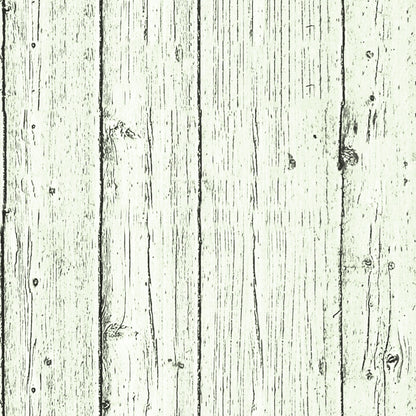 Close-up of a weathered wooden fence with vertical planks. The wood shows visible knots and grain patterns. The overall tone is light with darker lines and textures.