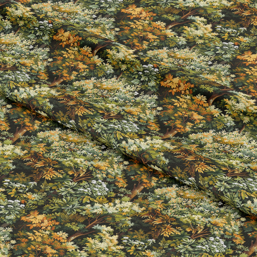 - Woodland Wonders Pattern 10 Quilting Cotton Fabric  
- Trees, leaves, branches  
- Autumn colors, green, yellow, orange, brown  
- Nature-inspired design, forest motif  
- Cotton fabric, quilting material  
- Textured print, earth tones, botanical elements