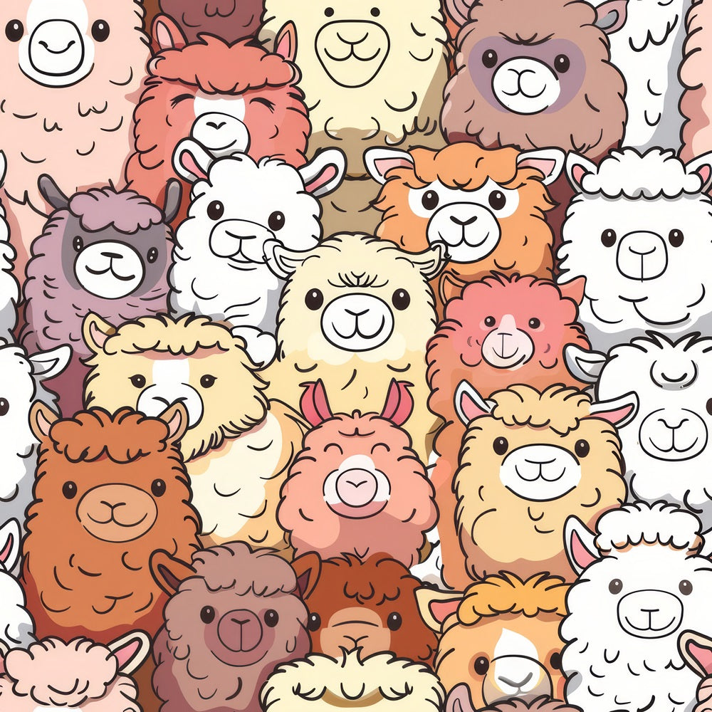 A colorful illustration of various smiling llamas and alpacas, all in close proximity, with diverse fur colors ranging from brown, white, tan, to pink.