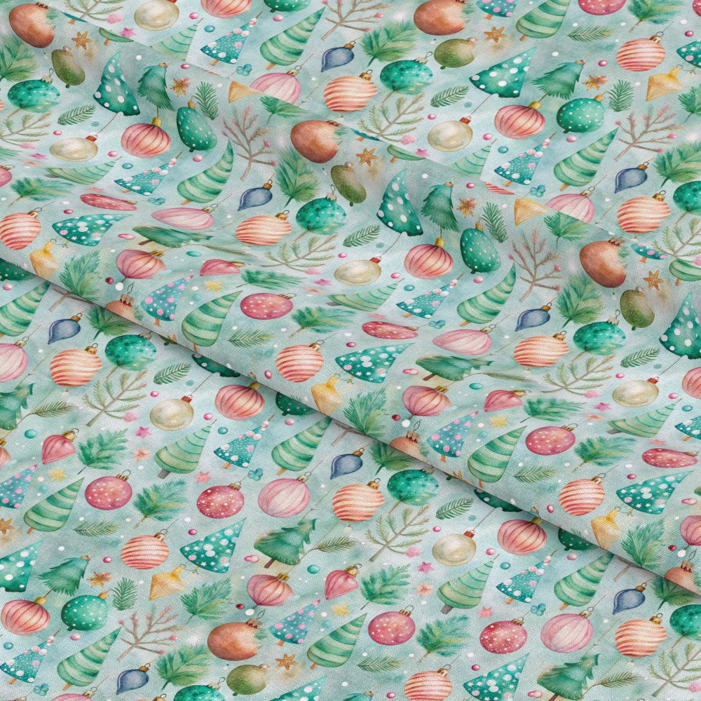 - Pastel Christmas Time Pattern 10 Quilting Cotton Fabric  
- Soft cotton textile  
- Light blue background  
- Green Christmas trees  
- Pink and gold ornaments  
- Festive holiday design  
- Quilting fabric material  
- Subtle branches and snowflakes  
- Decorative seasonal print  
- Cozy fabric for crafts  
- Gentle pastel colors