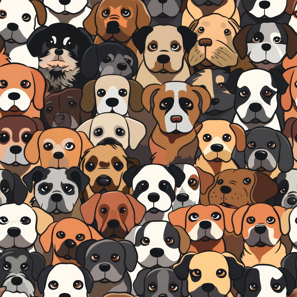 A pattern of illustrated dog faces in various breeds and colors, closely arranged with no background visible.