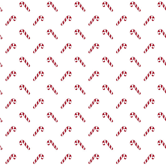 A white background with a repeating pattern of small red and white candy canes evenly spaced throughout.