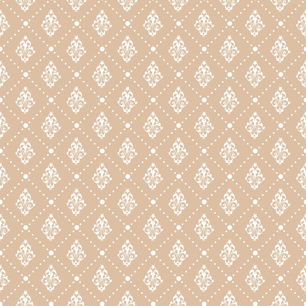 Ornate white damask pattern with floral motifs and dots on a light brown background.