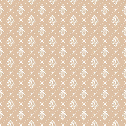 Ornate white damask pattern with floral motifs and dots on a light brown background.