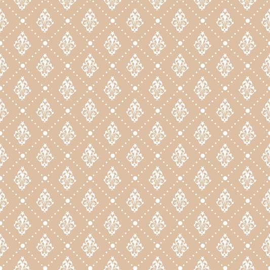 Ornate white damask pattern with floral motifs and dots on a light brown background.