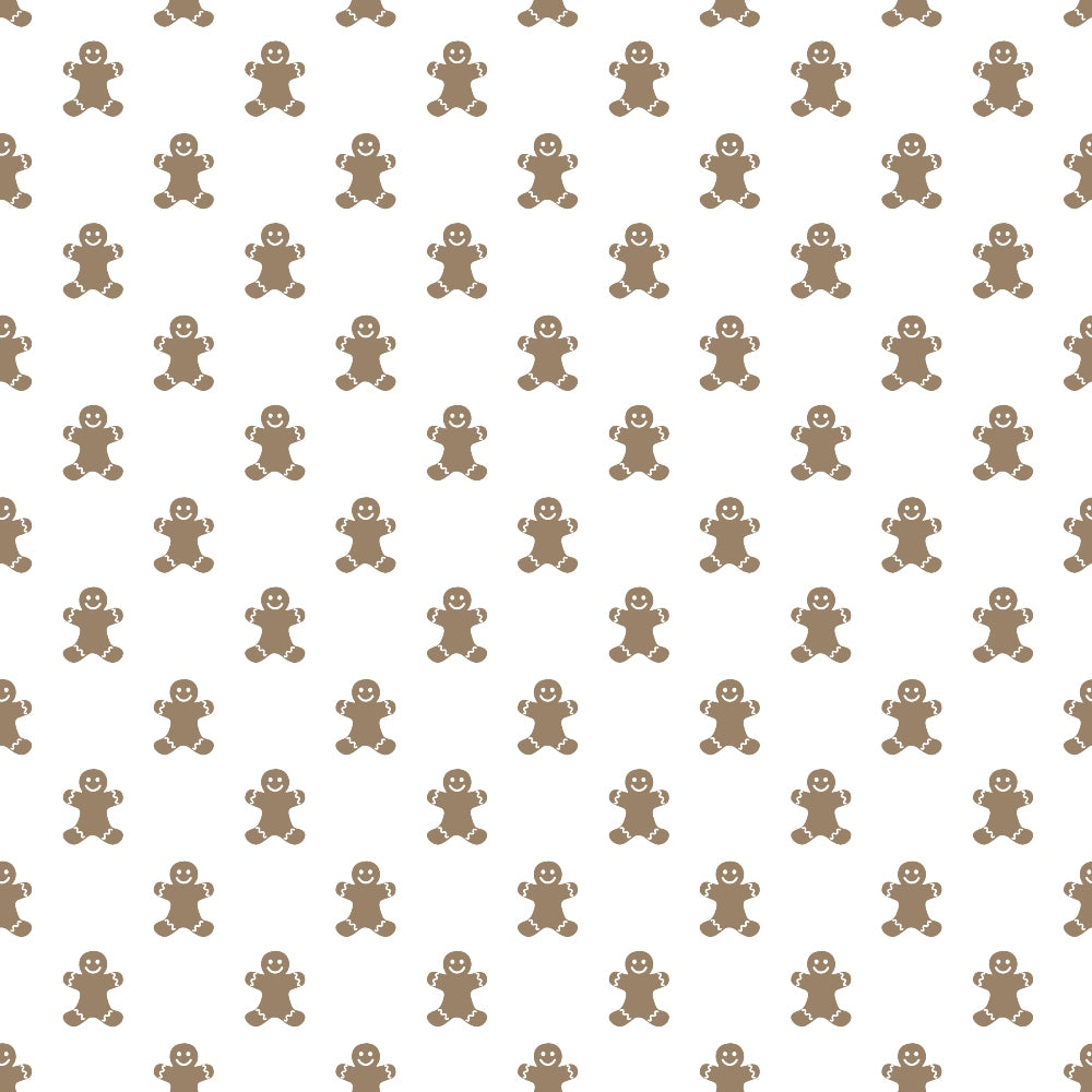 Pattern of brown gingerbread men on a white background, evenly spaced in rows and columns.