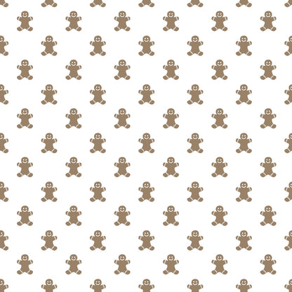 Pattern of brown gingerbread men on a white background, evenly spaced in rows and columns.