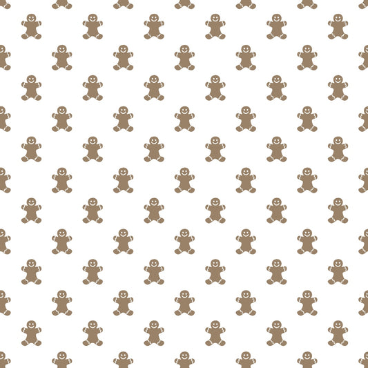 Pattern of brown gingerbread men on a white background, evenly spaced in rows and columns.