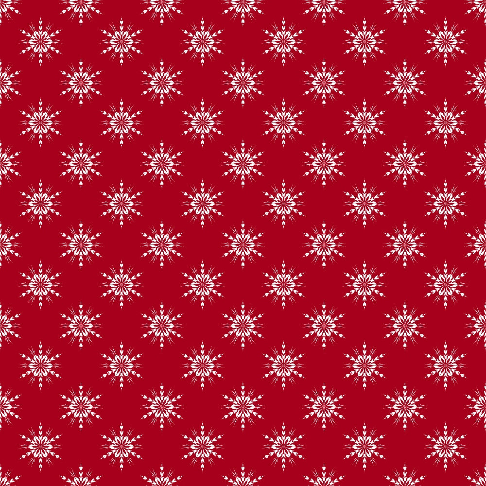 Pattern of white snowflakes evenly spaced on a red background.