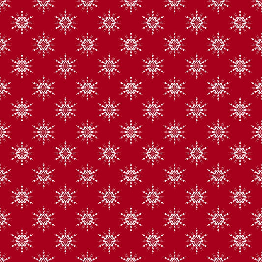 Pattern of white snowflakes evenly spaced on a red background.