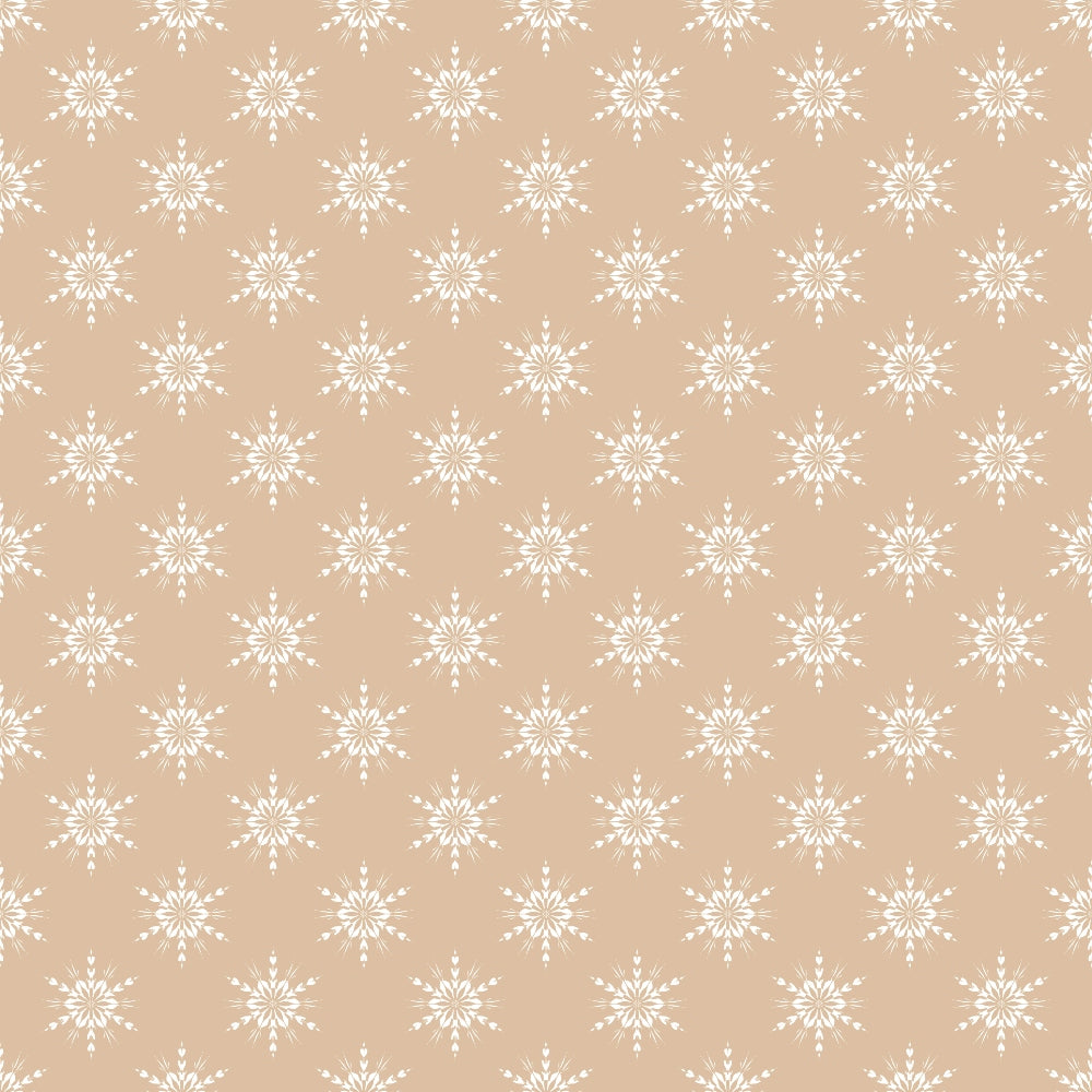 Beige background with a repeating white snowflake pattern.