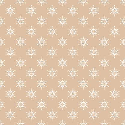 Beige background with a repeating white snowflake pattern.