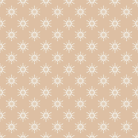 Beige background with a repeating white snowflake pattern.