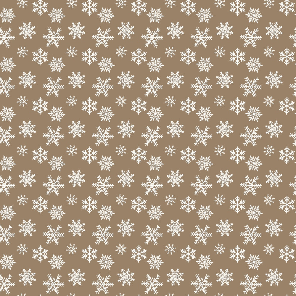 Pattern of white snowflakes on a light brown background.